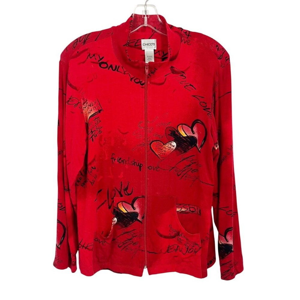 Chico's Red Love Heart Artsy Print Zip Front Jersey‎ Knit Jacket - Size 1, Small